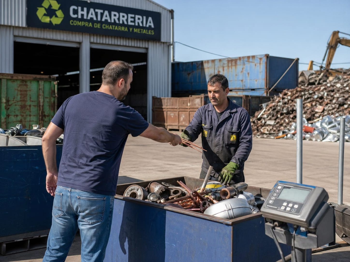 Cliente entregando cobre al operario en chatarrería de Metales Rivas